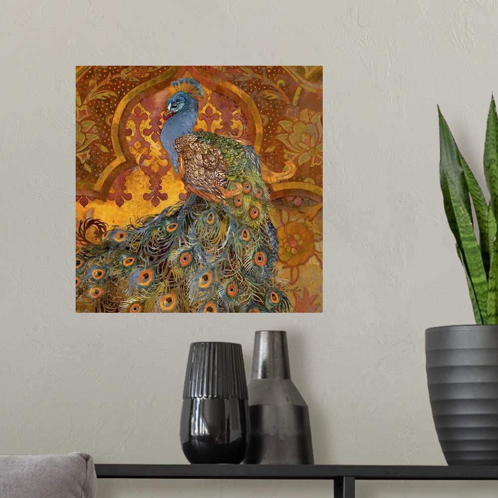 A modern room featuring Vibrant contemporary artwork of a peacock against an ornate floral pattered background.
