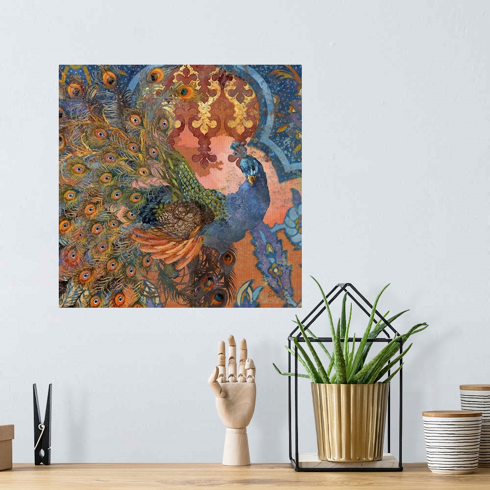 A bohemian room featuring Vibrant contemporary artwork of a peacock against an ornate floral pattered background.