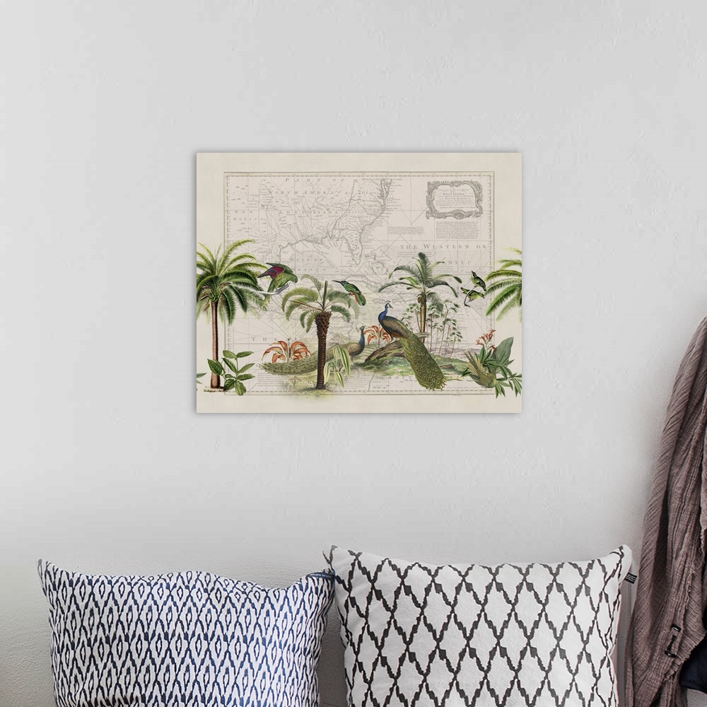 A bohemian room featuring Vintage style mixed media art with old map, exotic peacocks, and parrots.