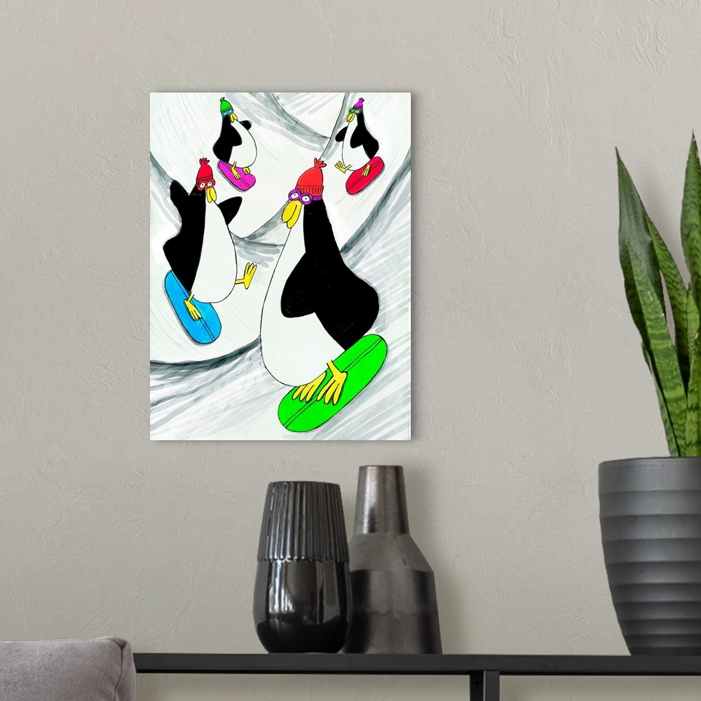 A modern room featuring Penguins snowboarding down the hill. Illustrated wall art by artist Carla Daly.