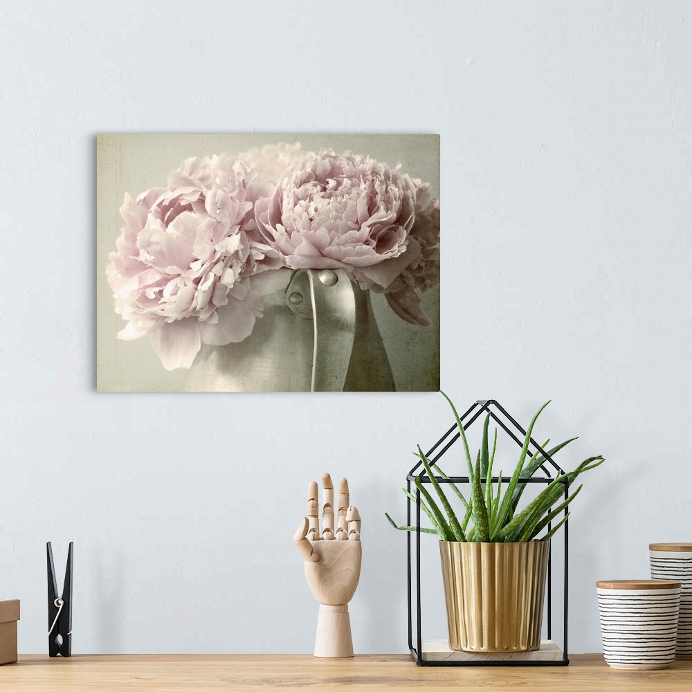 A bohemian room featuring Peonies in a Pewter Jug