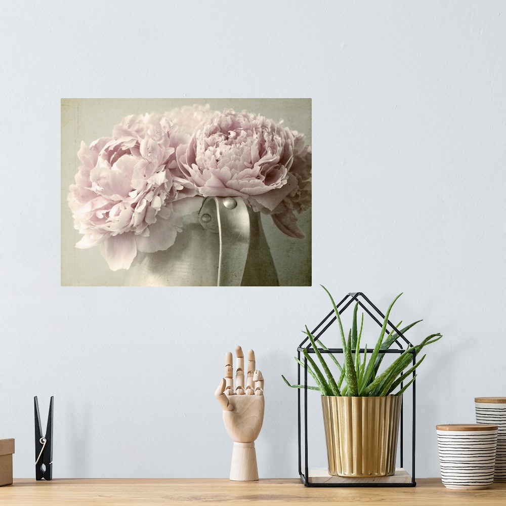 A bohemian room featuring Peonies in a Pewter Jug