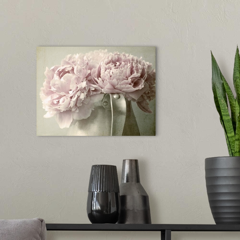 A modern room featuring Peonies in a Pewter Jug
