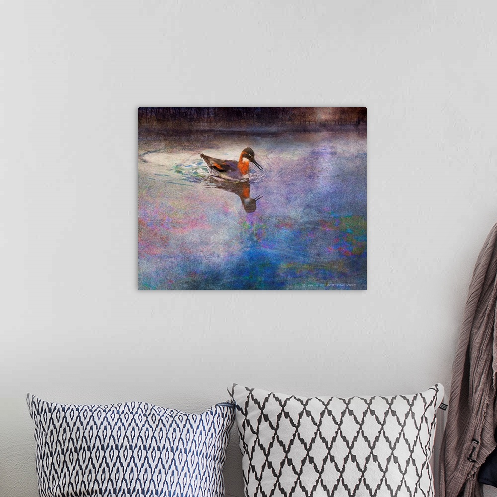 A bohemian room featuring Contemporary artwork of a duck floating in water.