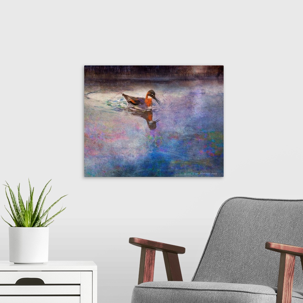 A modern room featuring Contemporary artwork of a duck floating in water.