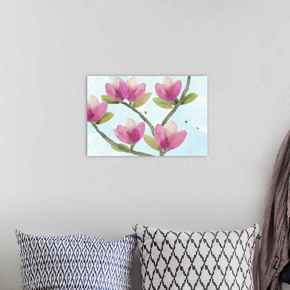 A bohemian room featuring Abstract floral painting bright pink magnolia flowers on a tree branch.