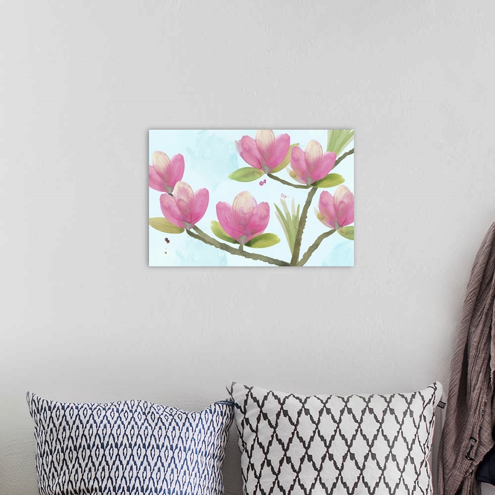 A bohemian room featuring Abstract floral painting bright pink magnolia flowers on a tree branch.