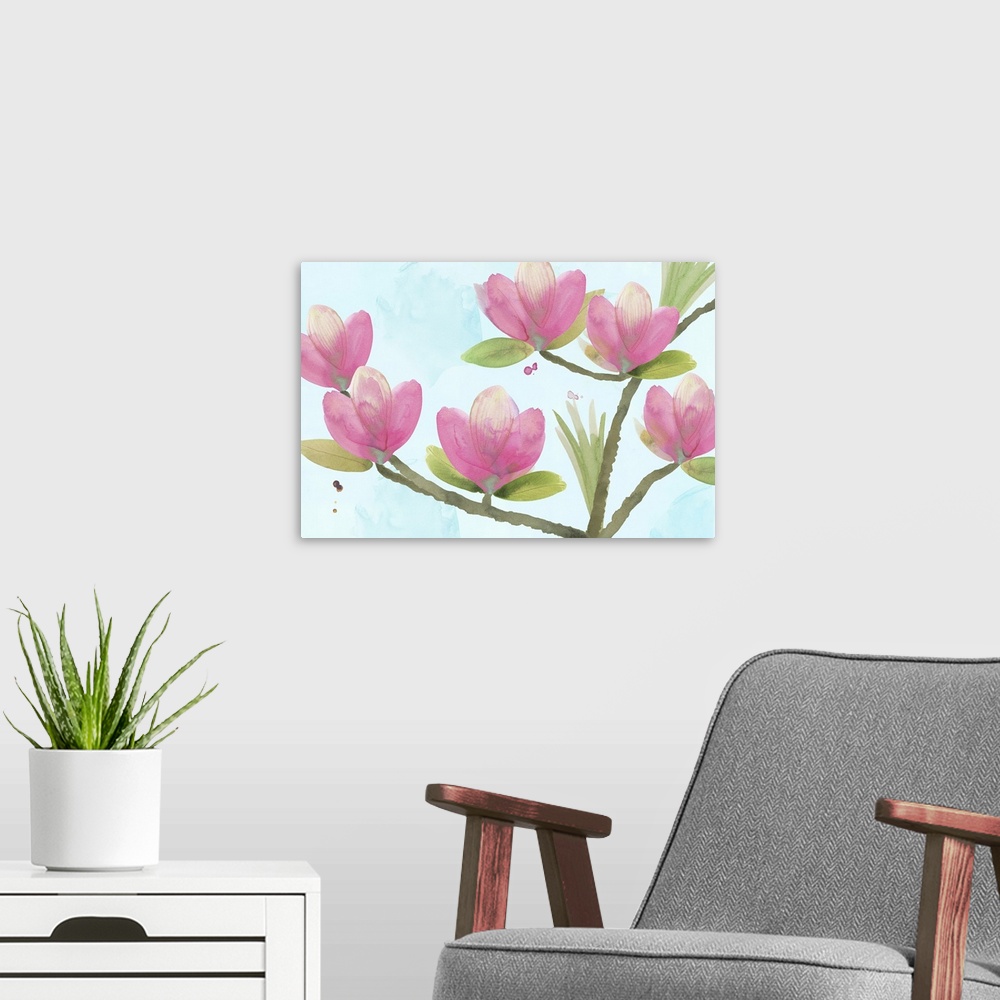 A modern room featuring Abstract floral painting bright pink magnolia flowers on a tree branch.
