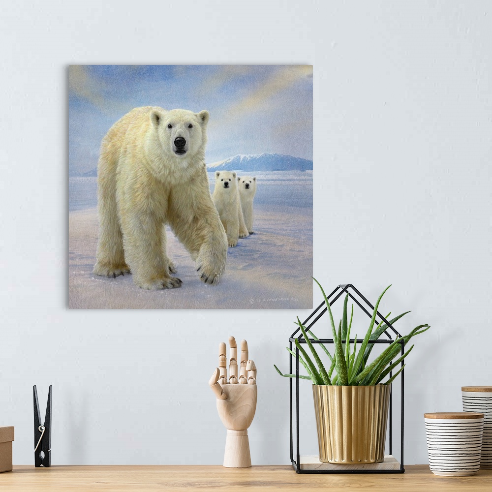 A bohemian room featuring Contemporary artwork of a mother polar bear and her cubs in the arctic tundra.
