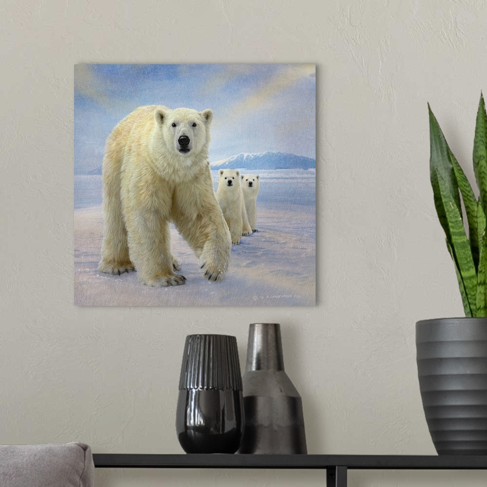 A modern room featuring Contemporary artwork of a mother polar bear and her cubs in the arctic tundra.