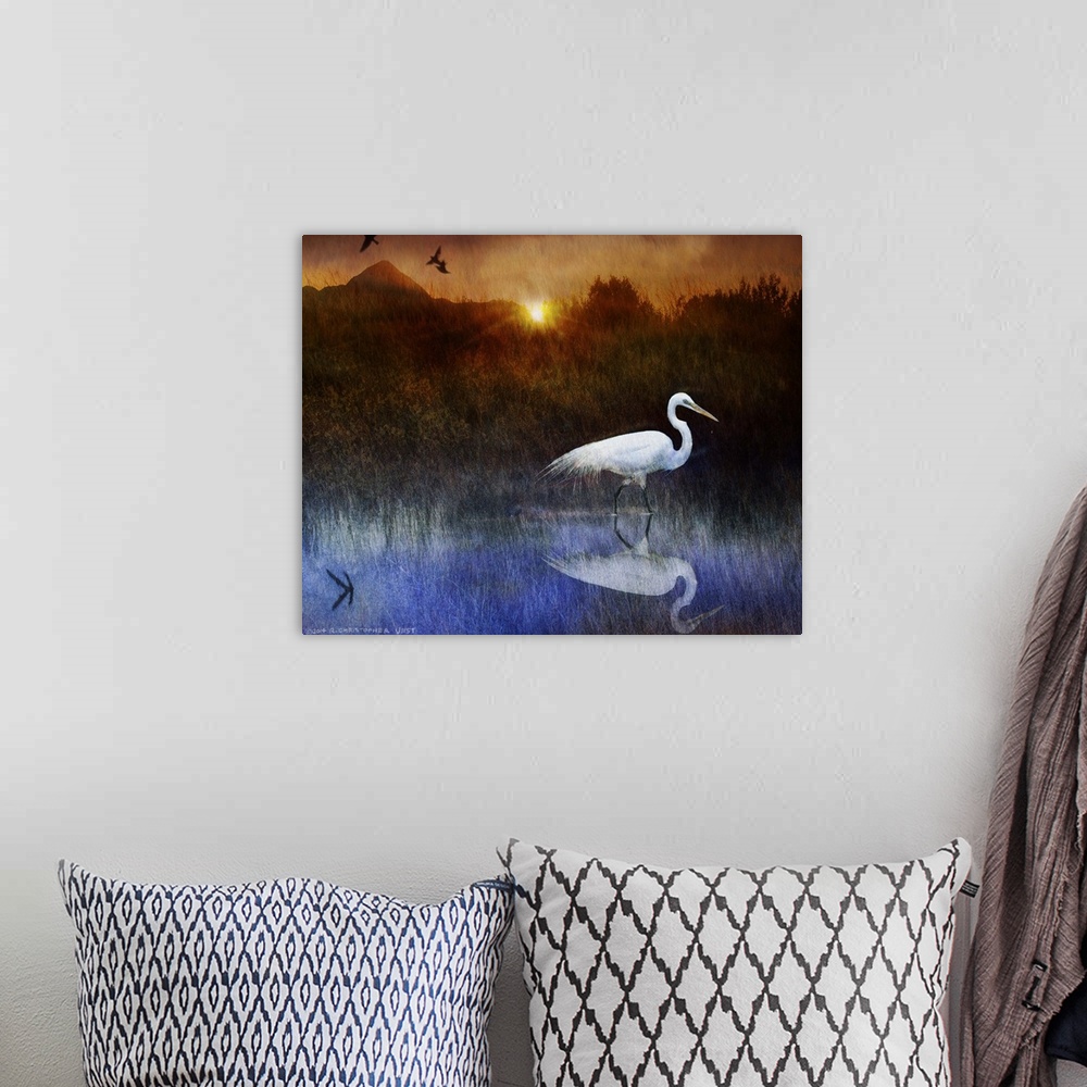 A bohemian room featuring Contemporary artwork of a white egret standing in water sundown.