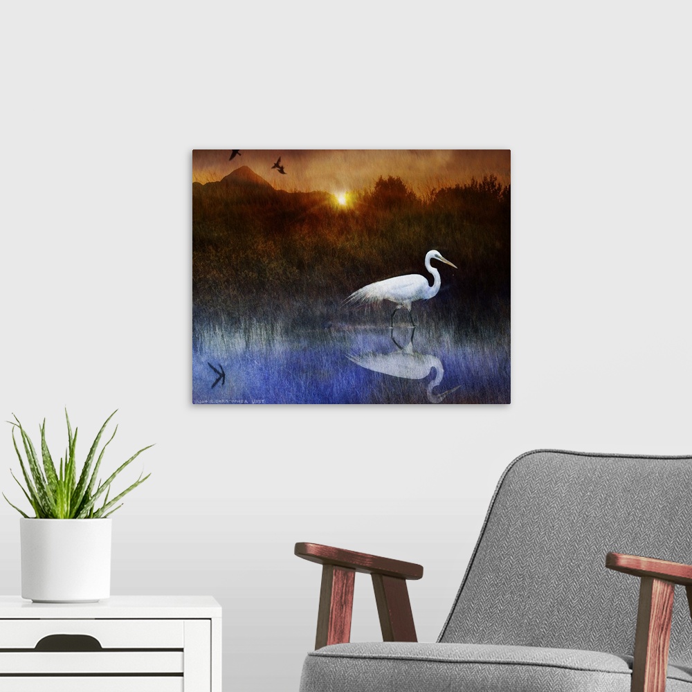 A modern room featuring Contemporary artwork of a white egret standing in water sundown.