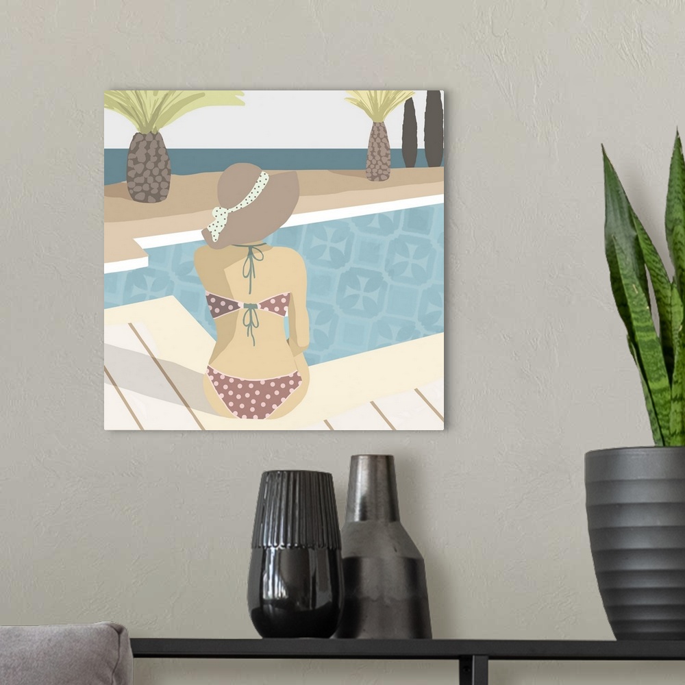 A modern room featuring Colourful David Hockney style painting woman in bikini beside a swimming pool.