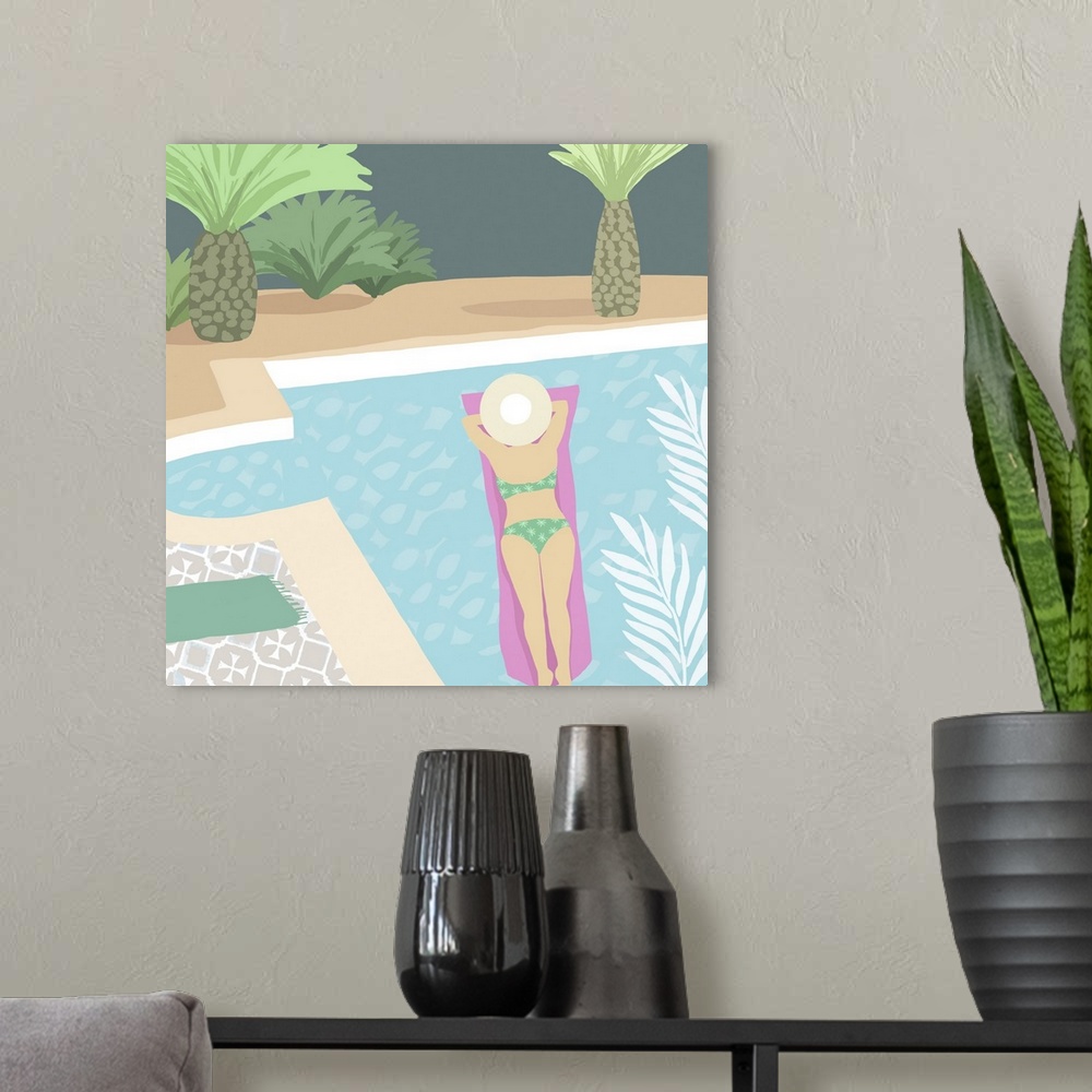 A modern room featuring Colourful David Hockney style painting woman in bikini beside a swimming pool.