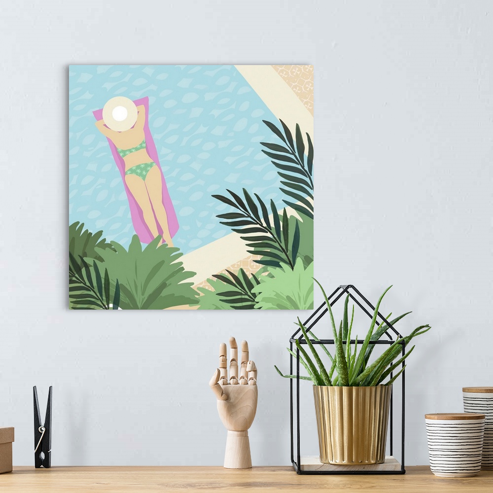 A bohemian room featuring Colourful David Hockney style painting woman in bikini beside a swimming pool.