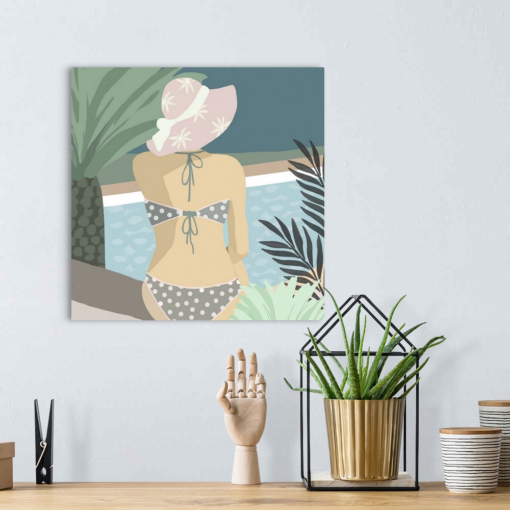 A bohemian room featuring Woman in polka dot bikini sitting by a swimming pool with palm trees.