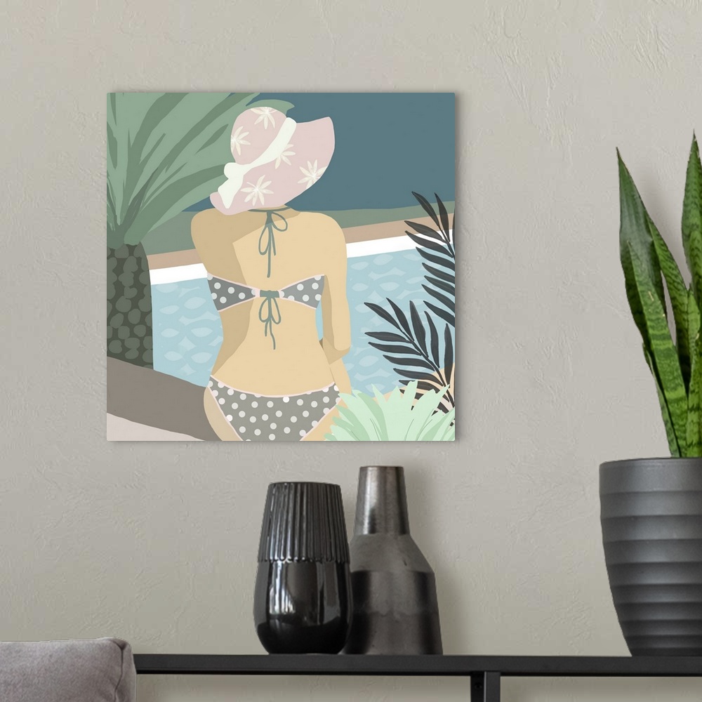 A modern room featuring Woman in polka dot bikini sitting by a swimming pool with palm trees.