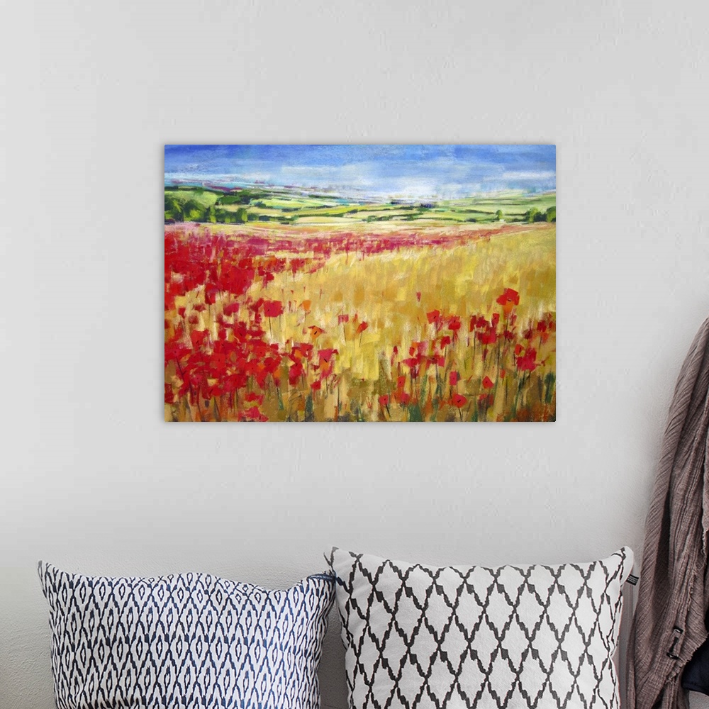 A bohemian room featuring This contemporary painting of wildflowers in an endless field makes a great addition to any wall.