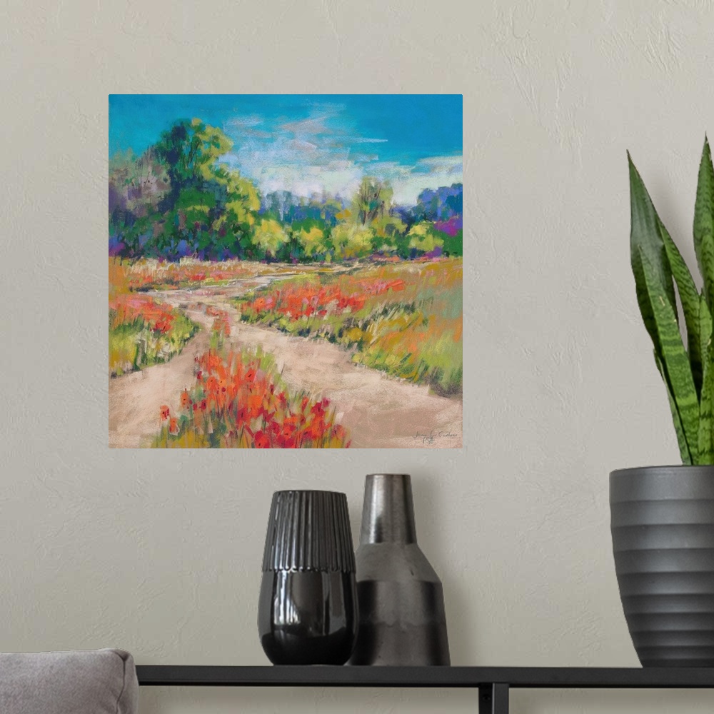 A modern room featuring Pastel landscape painting of English countryside with trees and poppies.