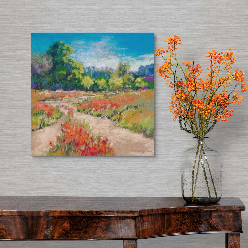 A traditional room featuring Pastel landscape painting of English countryside with trees and poppies.