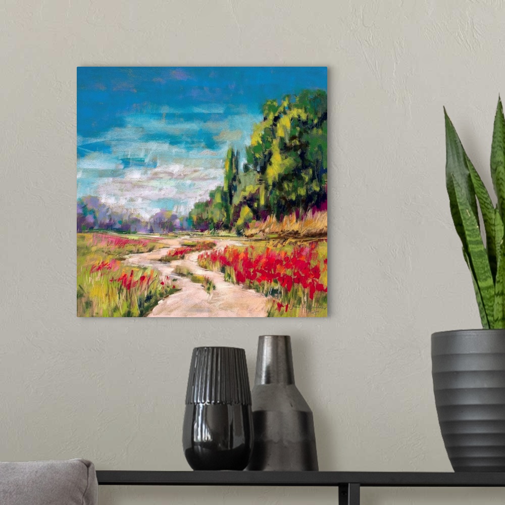 A modern room featuring Pastel landscape painting of English countryside with trees and poppies.