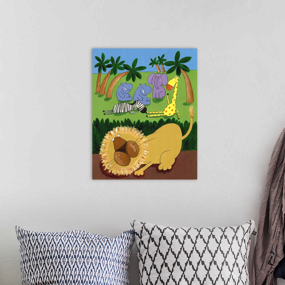 A bohemian room featuring Giraffe, zebra and hippo have fun in the jungle while the lion prowls in the undergrowth.