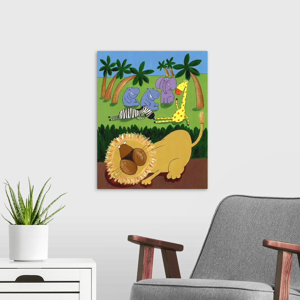 A modern room featuring Giraffe, zebra and hippo have fun in the jungle while the lion prowls in the undergrowth.