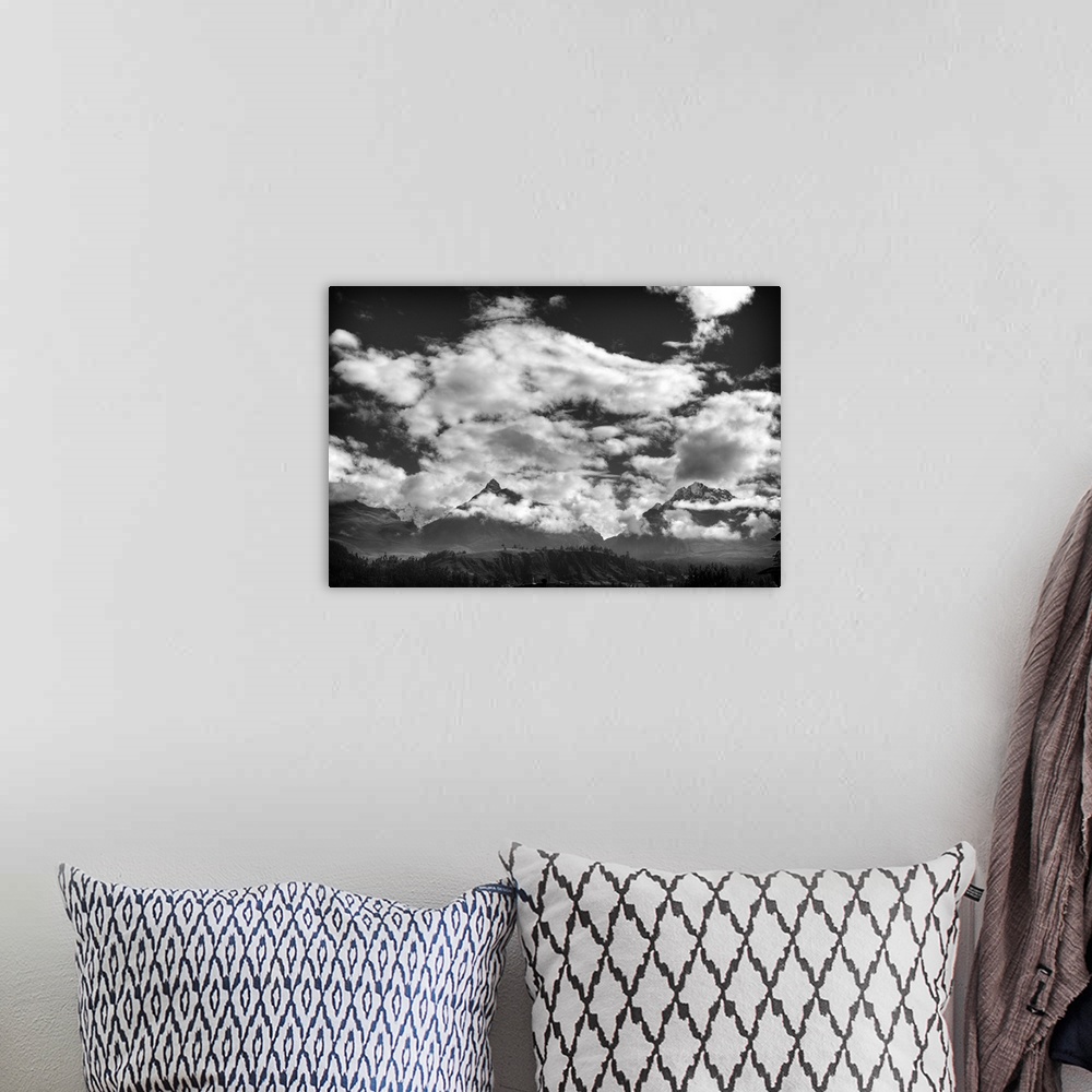A bohemian room featuring Pyramids Mountains and Clouds Black and White