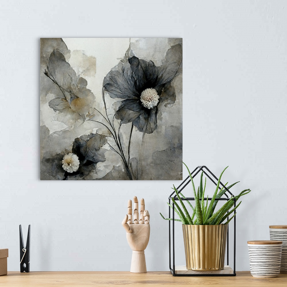 A bohemian room featuring Gray, painterly watercolor flowers.
