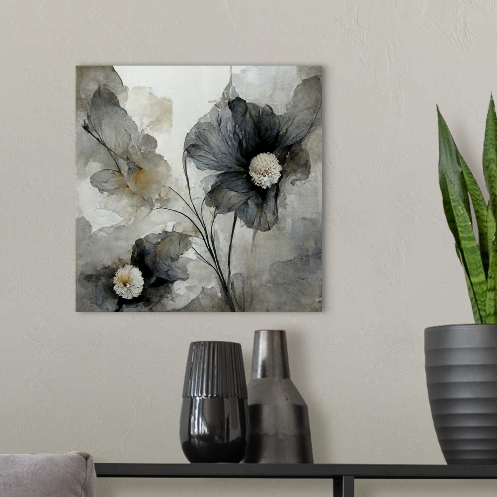 A modern room featuring Gray, painterly watercolor flowers.
