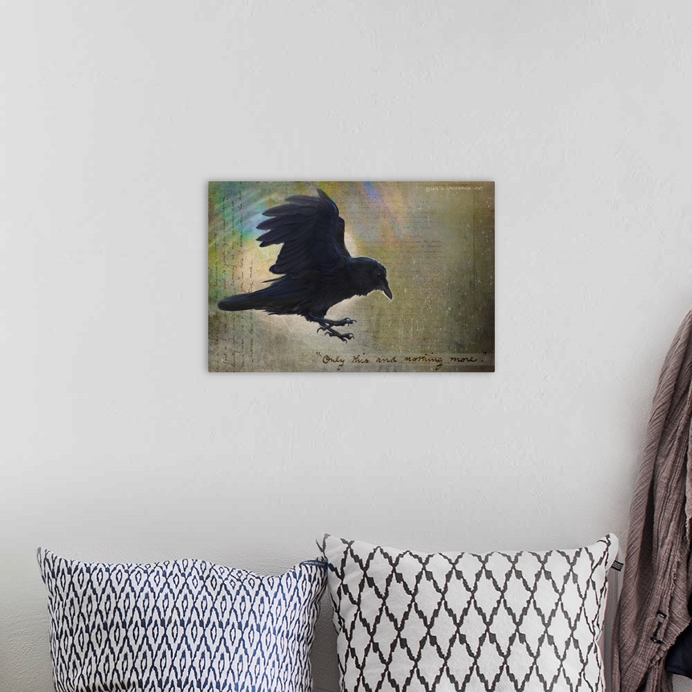 A bohemian room featuring Contemporary artwork of a silhouetted raven profile.