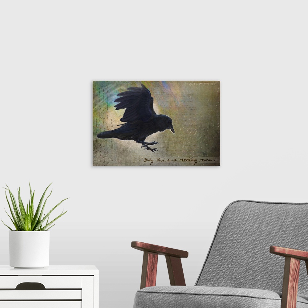 A modern room featuring Contemporary artwork of a silhouetted raven profile.