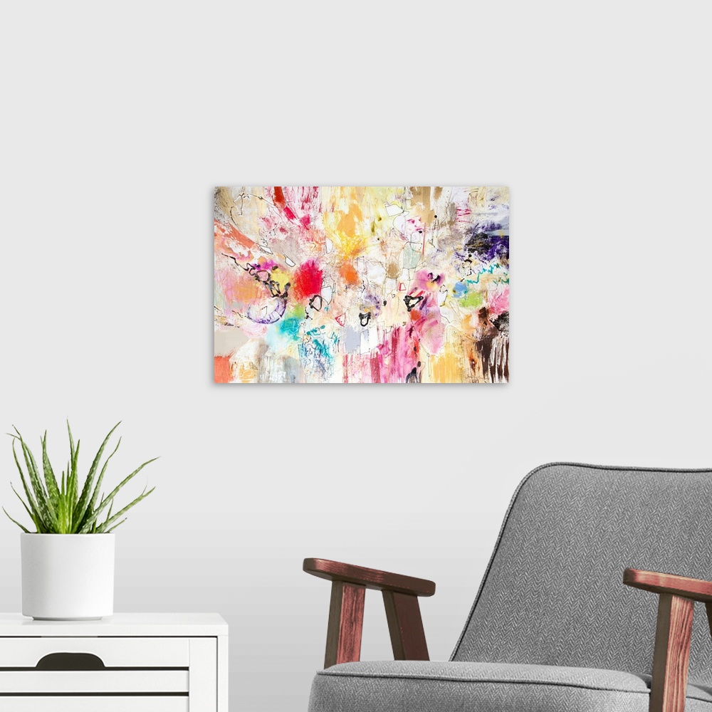 A modern room featuring Contemporary abstract art, originally in acrylic and watercolor, of splattered shapes in red and ...