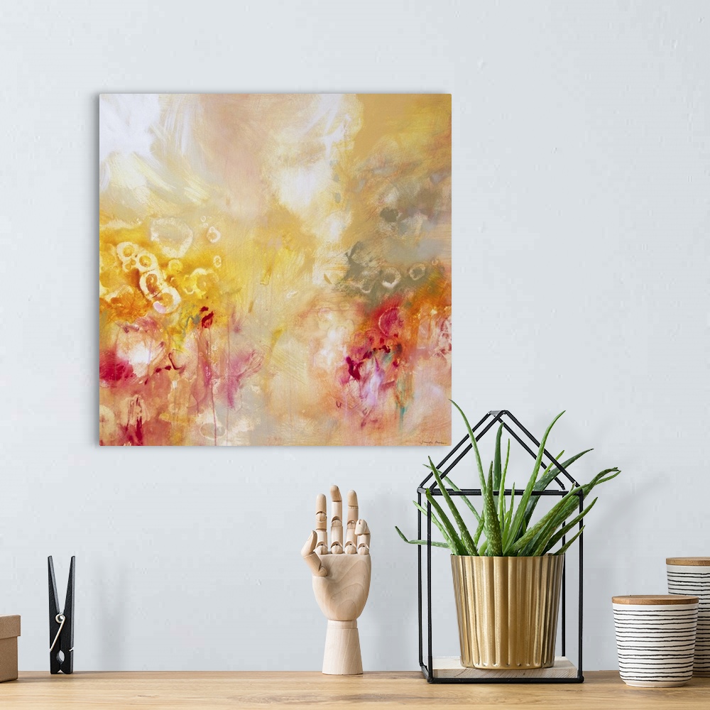 A bohemian room featuring Contemporary abstract art, originally in acrylic, of flowing shades of yellow, pink, and red.