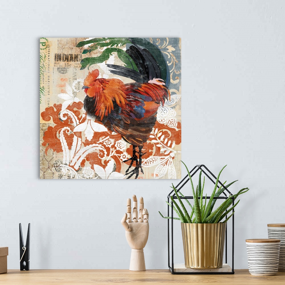 A bohemian room featuring Painting of a rooster over floral elements and found letters.