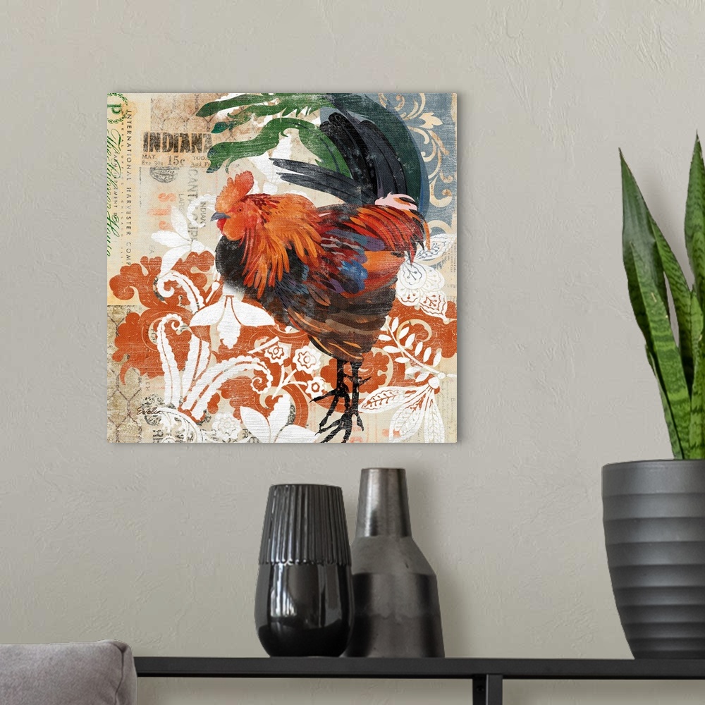 A modern room featuring Painting of a rooster over floral elements and found letters.