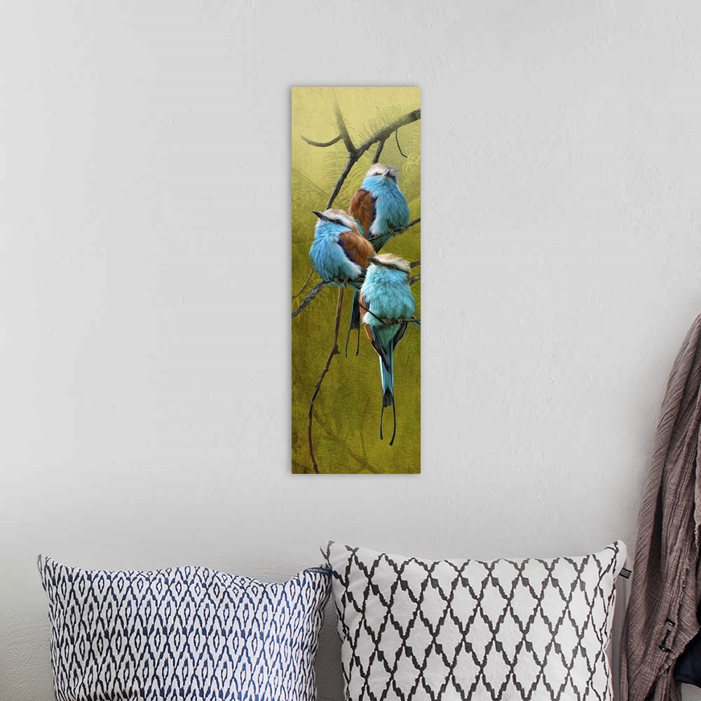 A bohemian room featuring Contemporary artwork of a tree branch with three blue rollers perched on it.