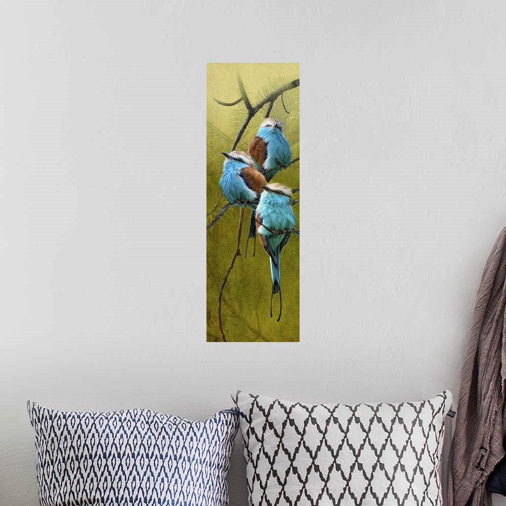 A bohemian room featuring Contemporary artwork of a tree branch with three blue rollers perched on it.