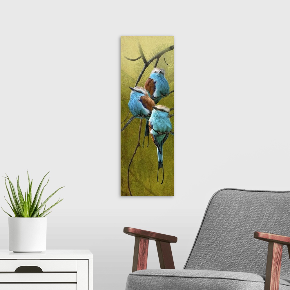 A modern room featuring Contemporary artwork of a tree branch with three blue rollers perched on it.