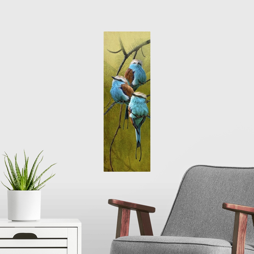 A modern room featuring Contemporary artwork of a tree branch with three blue rollers perched on it.