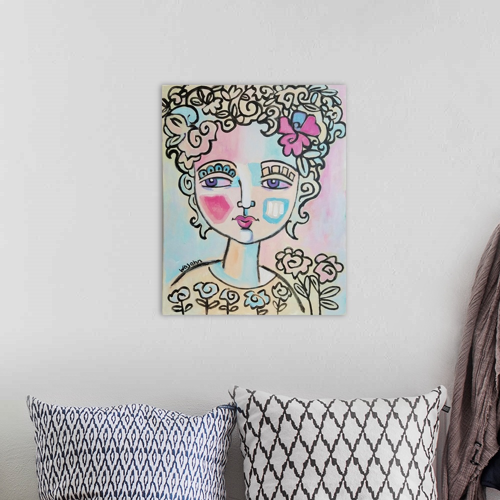 A bohemian room featuring This painting of a woman, is done in subtle, fluid hues, and utilizes decorative details and heav...
