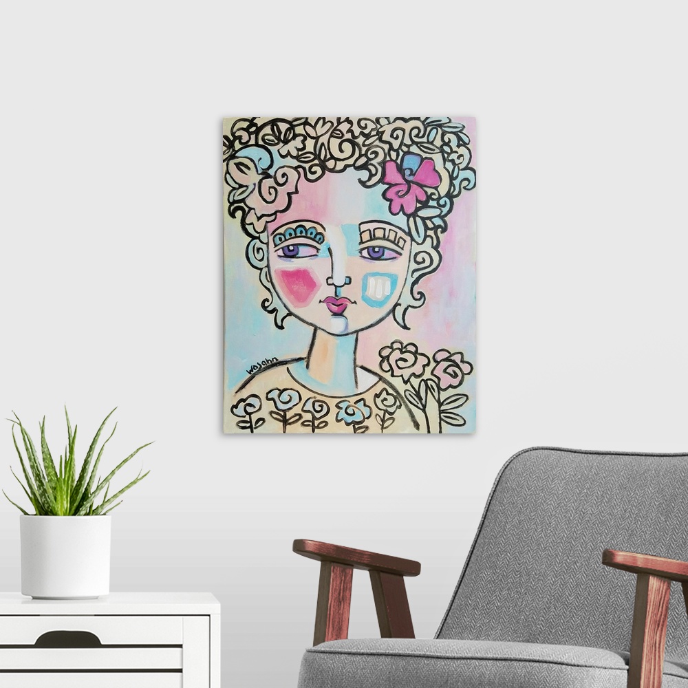 A modern room featuring This painting of a woman, is done in subtle, fluid hues, and utilizes decorative details and heav...