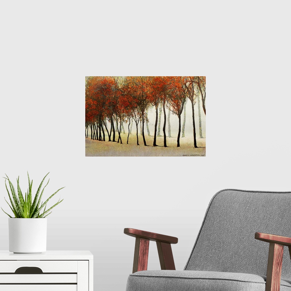 A modern room featuring Row Of Trees Red