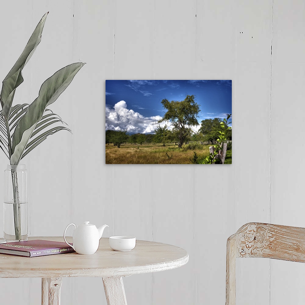 A farmhouse room featuring HDR photograph of a tranquil countryside landscape.