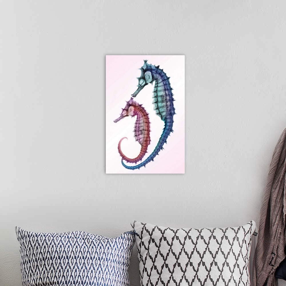 A bohemian room featuring Fine art photograph using an x-ray effect to capture an ethereal-like image of seahorses.