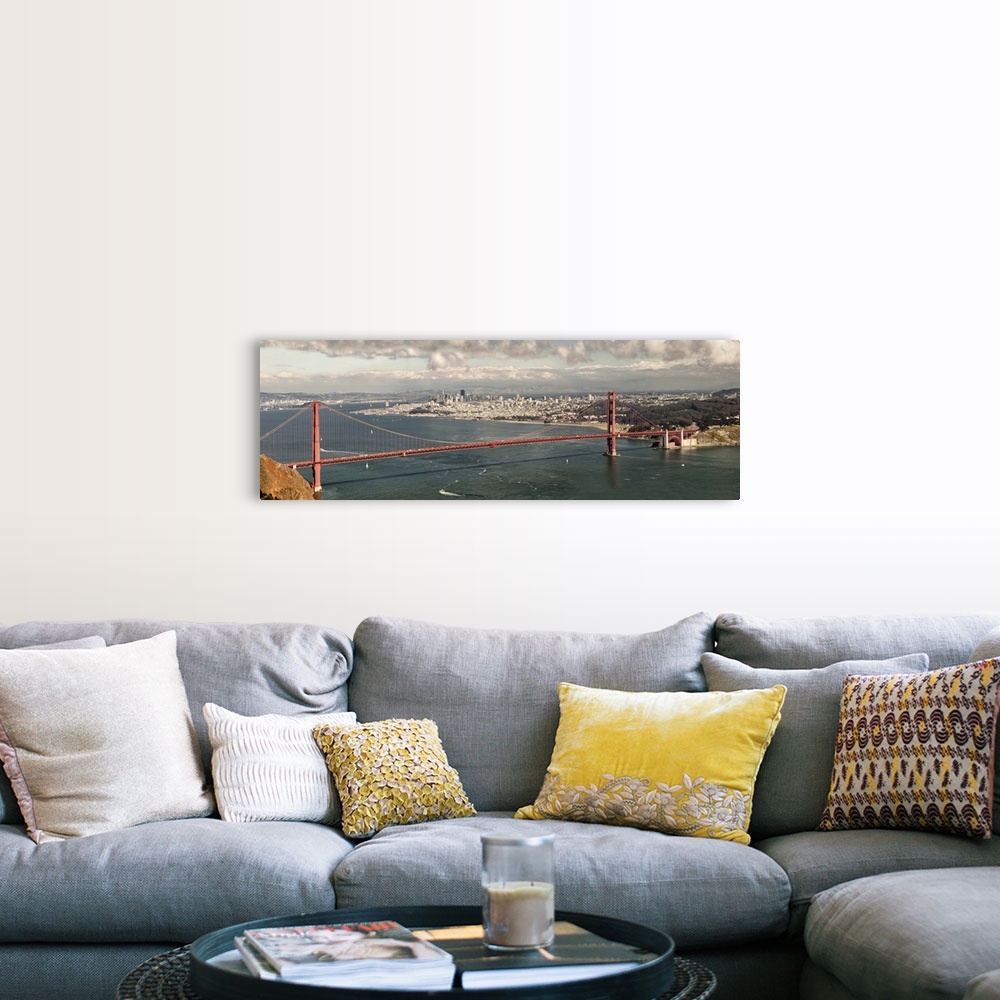 A farmhouse room featuring Panoramic photograph of the Golden Gate Bridge in San Francisco bay.