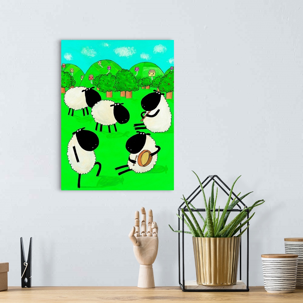 A bohemian room featuring Sheep dancing in a field. Created by children's artist Carla Daly.