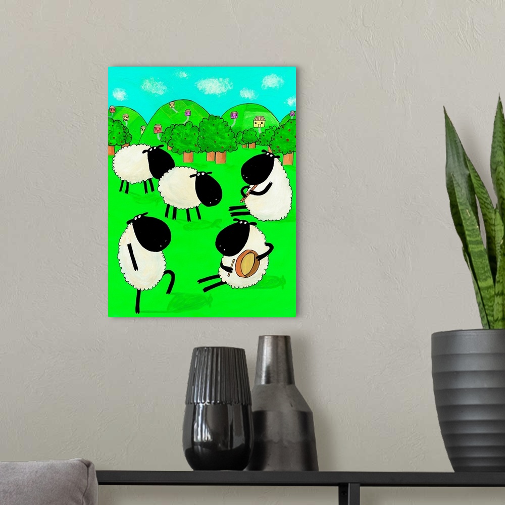 A modern room featuring Sheep dancing in a field. Created by children's artist Carla Daly.
