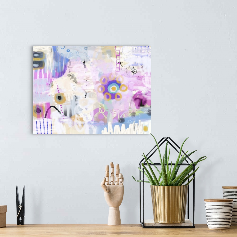 A bohemian room featuring Whimsical abstract digital flower painting.