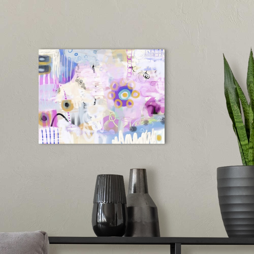A modern room featuring Whimsical abstract digital flower painting.